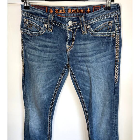 Rock Revival Anja Boot Embroidered Jeans 28 Low Rise Thick Stitch Y2K 2000s - Picture 3 of 9